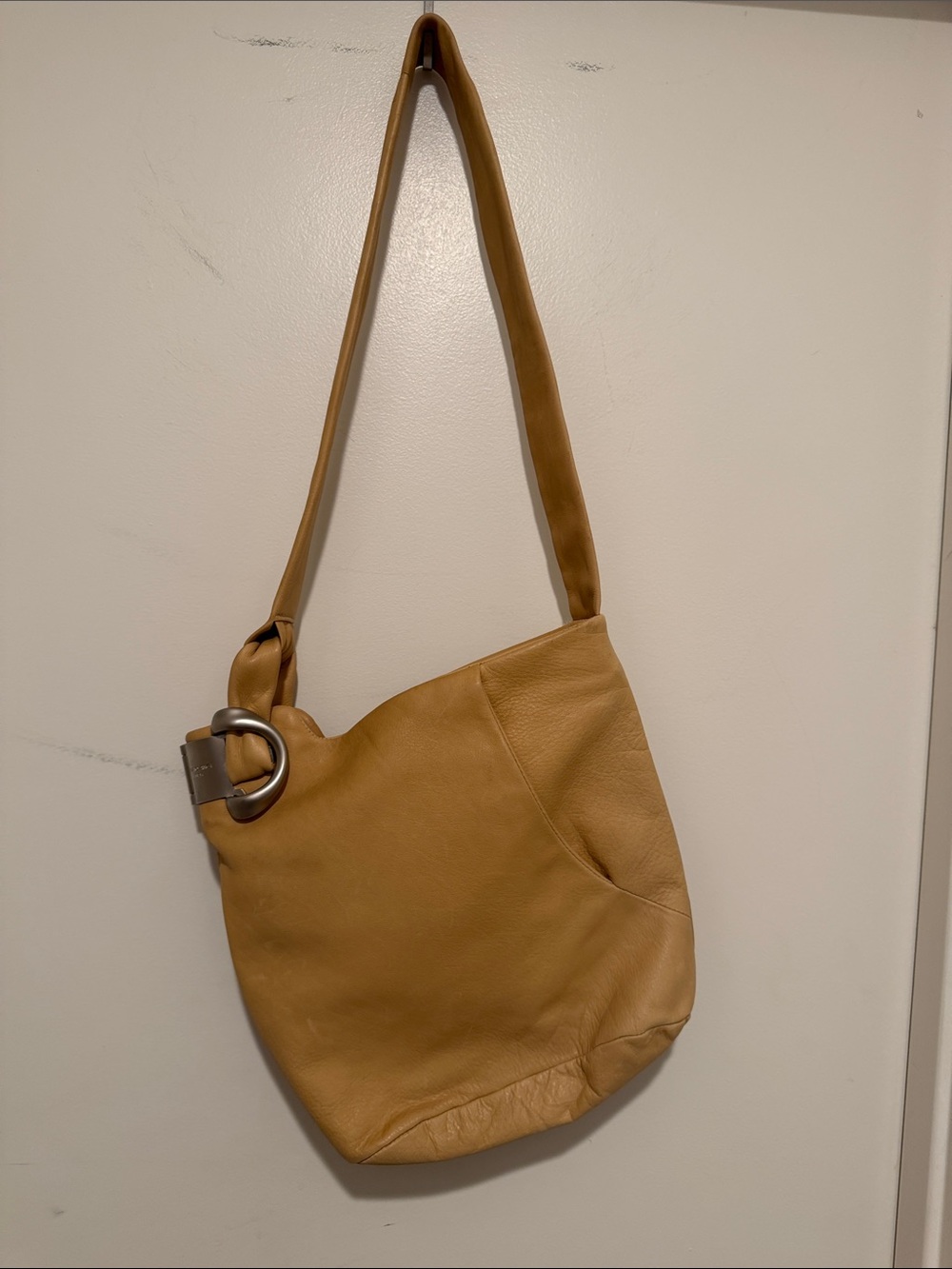 Renato Angi Mustard-Tan Leather Shoulder Bag with Metal Ring